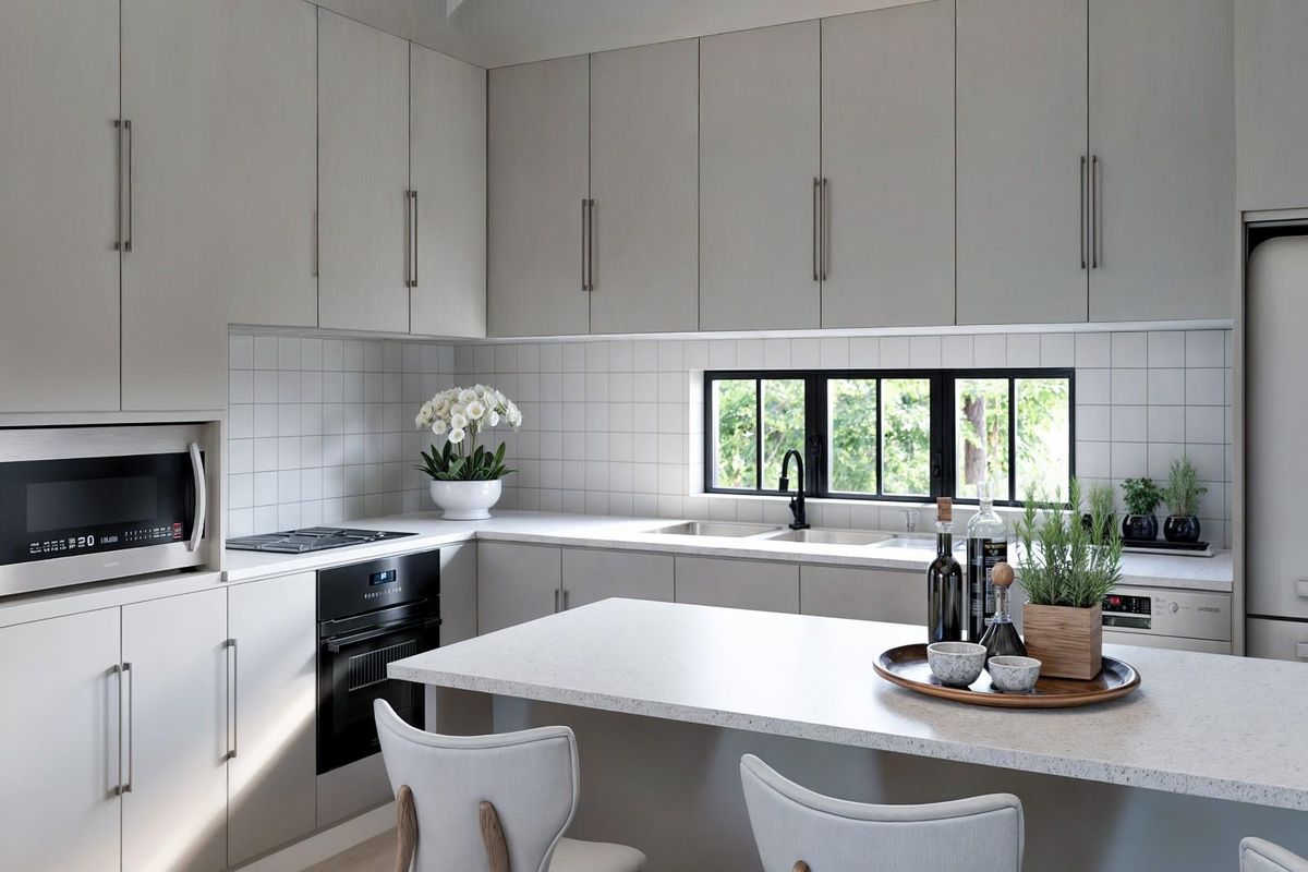 Modern kitchen featuring light grey cabinetry, stone countertops, integrated oven, built-in microwave, and a tiled backsplash with a functional breakfast bar.