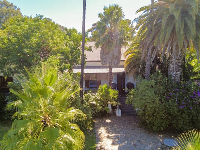 A lush, mature garden setting featuring a stone pathway leading to the front entrance of a house with a covered veranda.