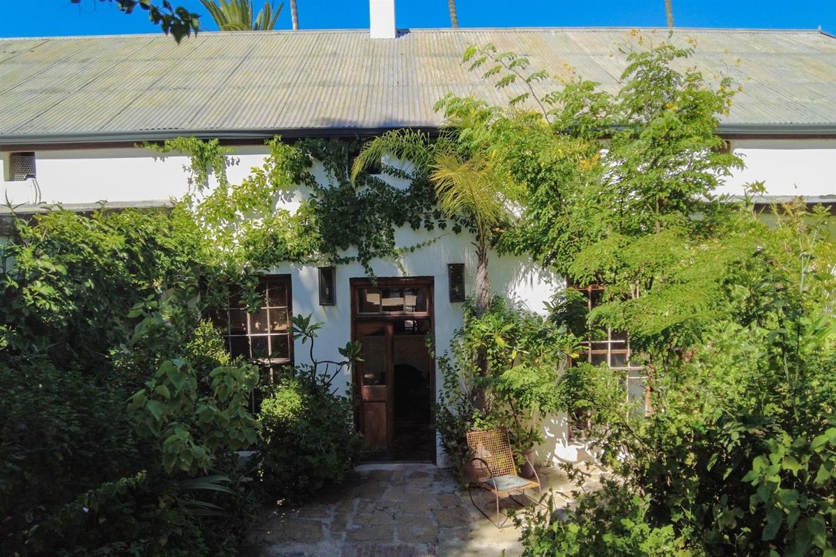 A charming rear exterior view of the property featuring a stone patio, classic timber-framed windows, and a corrugated metal roof surrounded by lush garden greenery.