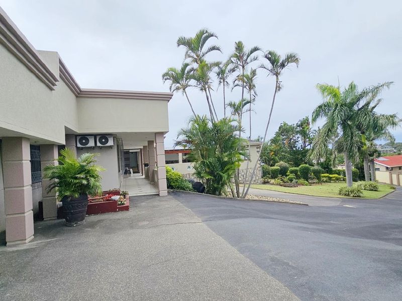 Front exterior view of the property featuring an asphalt driveway, covered walkway, and established garden with mature palm trees.