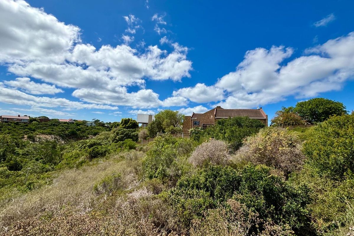 A view of a residential property set within a natural, sloped landscape featuring native vegetation and clear blue skies.