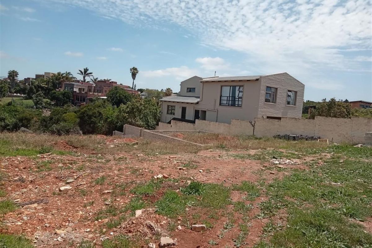 A vacant residential plot featuring natural vegetation and a partial boundary wall, with neighboring residential properties visible in the background.