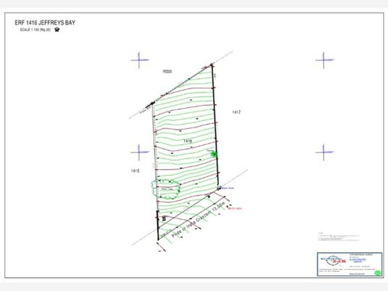 A detailed site survey and topographical floor plan for Erf 1416 in Jeffreys Bay, showing property boundaries and land contours.