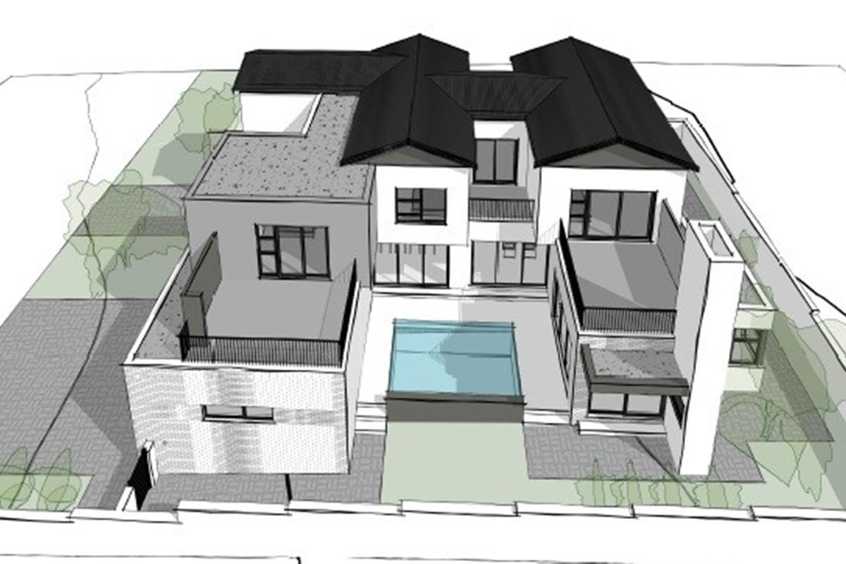 A 3D architectural rendering of a modern two-story house featuring a central swimming pool, multiple balconies, and a contemporary roof design.