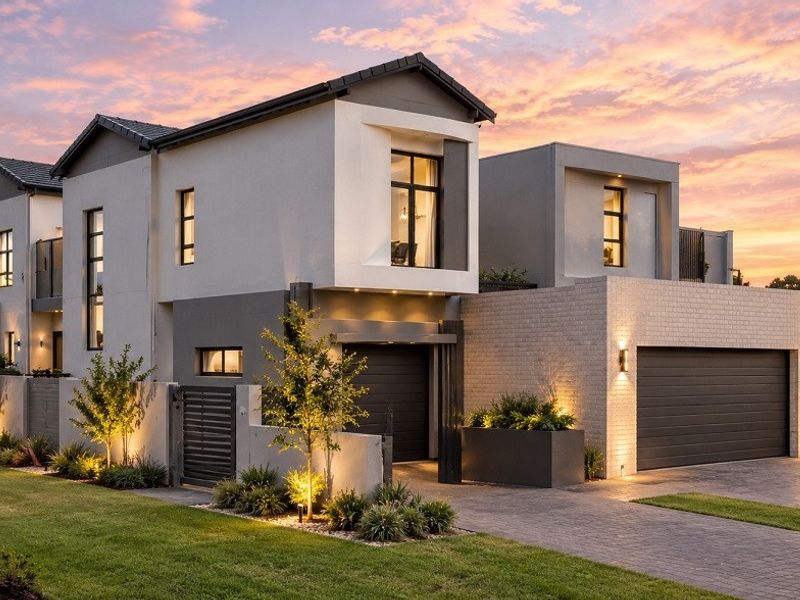 Modern double-story residential home featuring a contemporary facade, double garage, paved driveway, and manicured front garden with integrated exterior lighting.