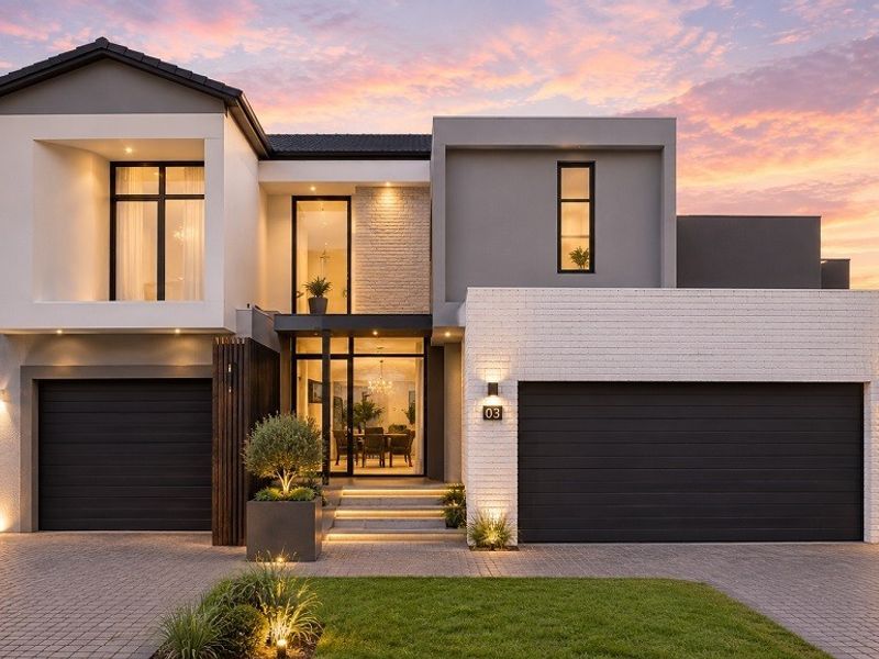 Modern double-story residence featuring a contemporary brick facade, double garage, paved driveway, and elegant exterior lighting at dusk.