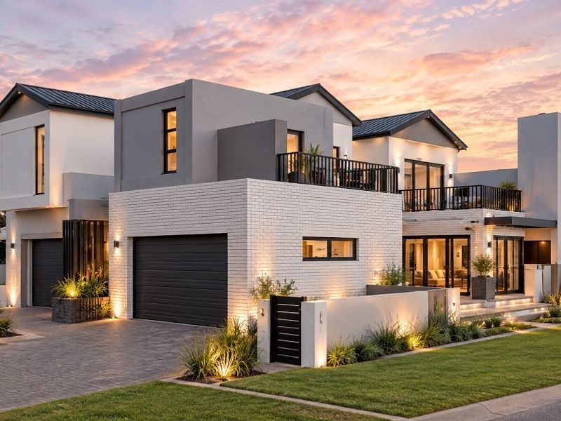 Modern double-story residential property featuring a contemporary brick facade, double garage, upper-level balconies, and professionally landscaped front garden with integrated exterior lighting.