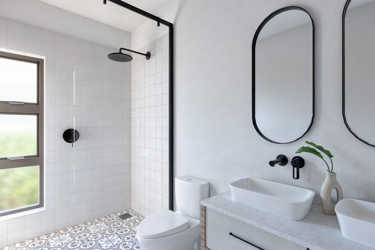 Modern bathroom featuring a walk-in shower with black fixtures, patterned floor tiles, and a double vanity with vessel sinks and matte black hardware.