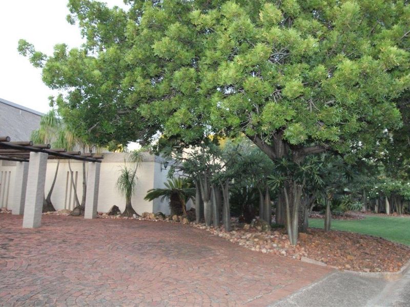 A paved driveway leading to a covered entrance area, featuring mature trees and landscaped garden beds.