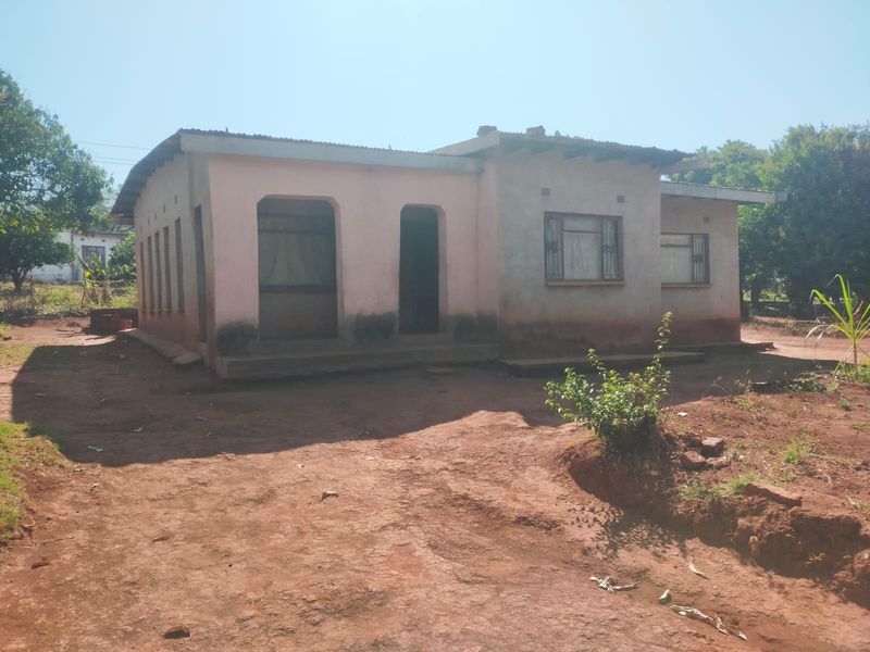 Front elevation of a single-story detached house featuring plastered masonry walls, steel window frames, and a corrugated metal roof.