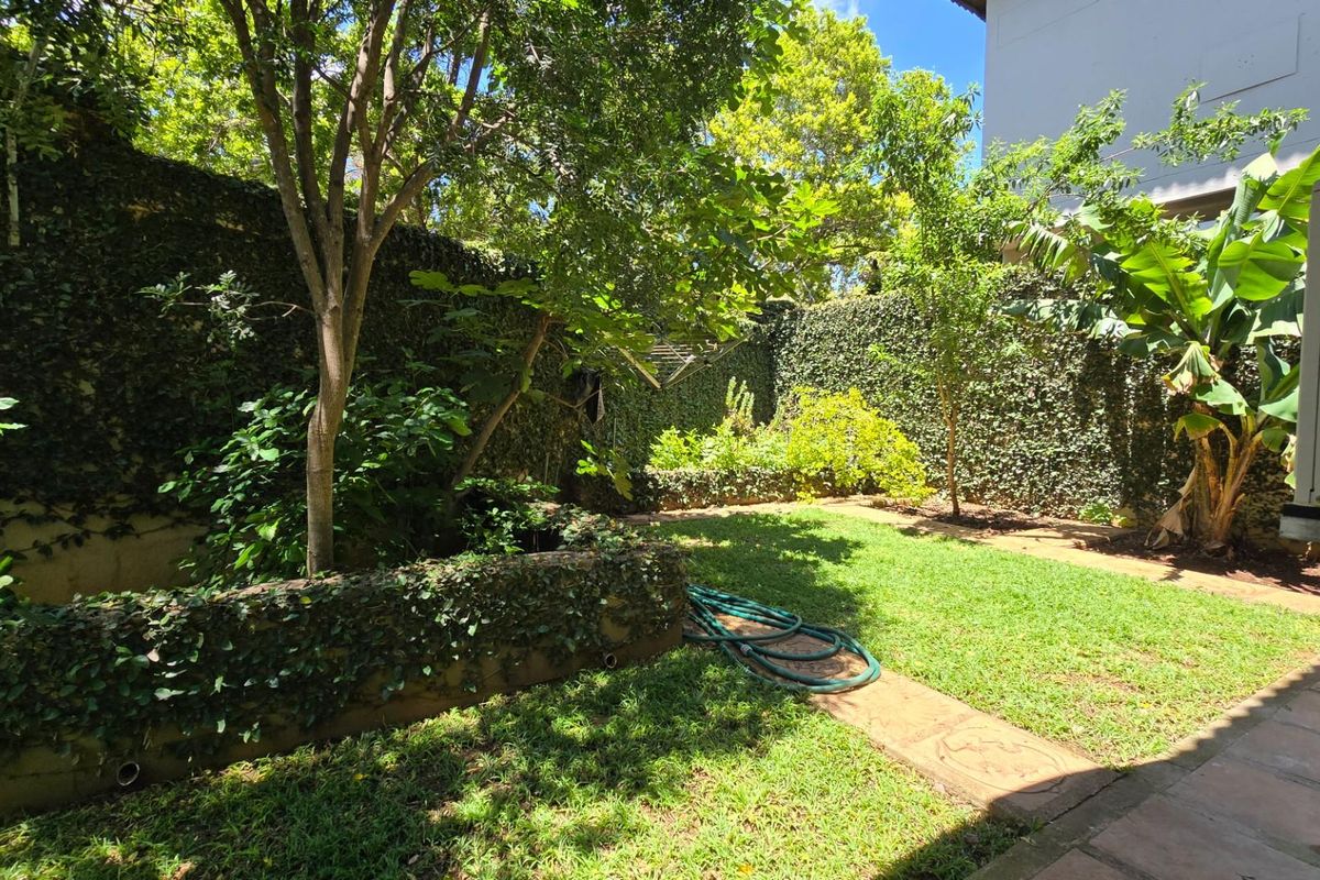 A private rear garden featuring established ivy-covered boundary walls, mature trees, a lawn area, and paved pathways.