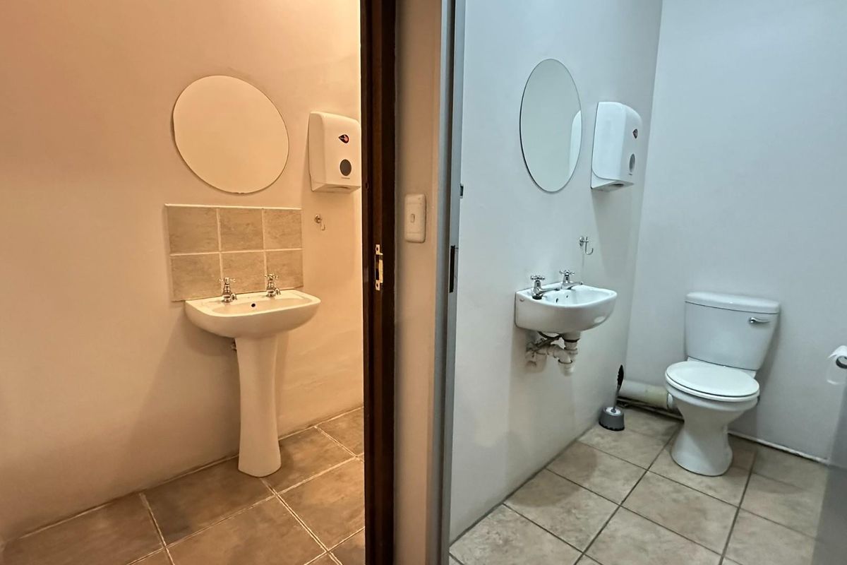 A functional office restroom facility featuring two separate washroom areas with pedestal basins, wall-mounted mirrors, and a standard toilet suite.