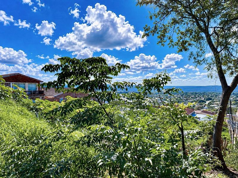 Elevated view overlooking the surrounding residential landscape and valley, featuring mature trees and clear sky.