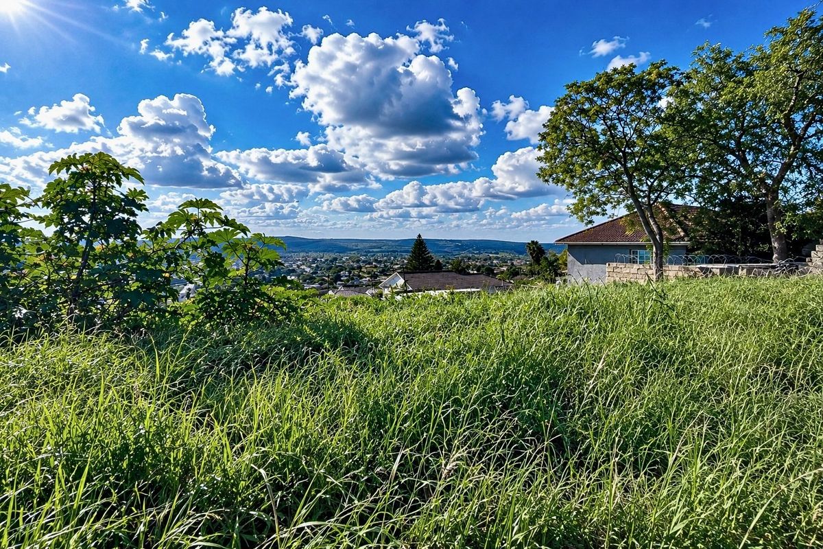 An elevated view overlooking the surrounding landscape and distant urban area from the vacant residential property.