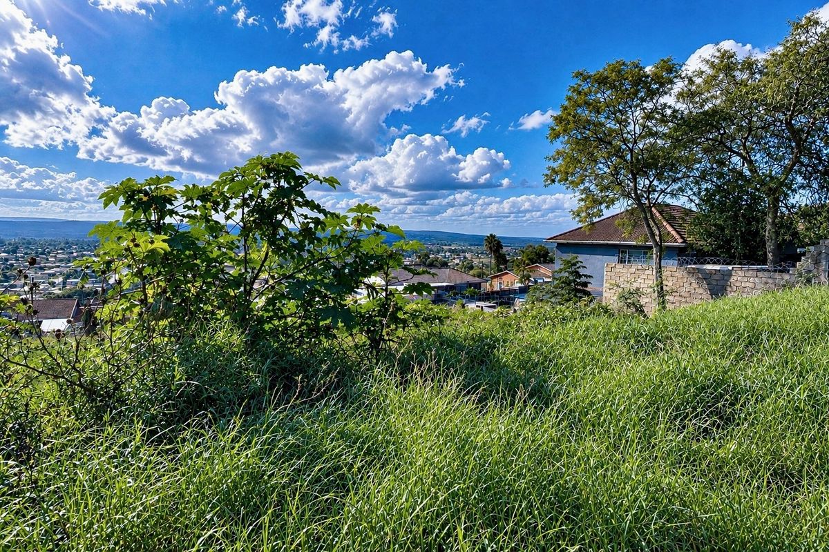 Elevated view overlooking the surrounding residential neighborhood, featuring natural vegetation and existing perimeter boundary structures.
