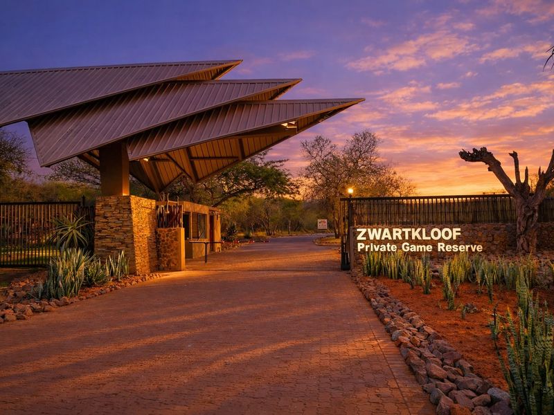 The grand entrance to Zwartkloof Private Game Reserve, featuring a modern architectural gate structure, stone masonry, and a paved driveway at sunset.