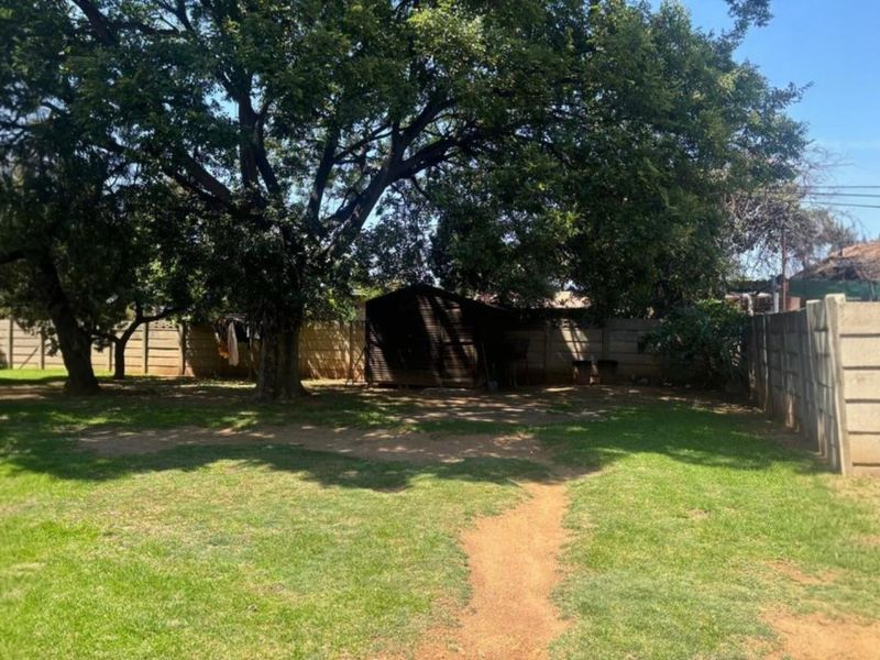 A spacious backyard featuring mature trees, a precast concrete boundary wall, and a garden shed, offering potential for landscaping and outdoor development.