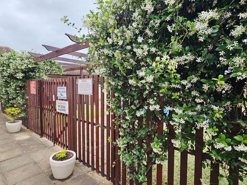A secure wooden gate entrance leading to a communal pool area, featuring established climbing jasmine and paved walkways.