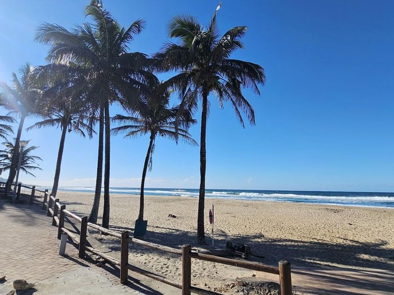 A scenic view of the beach and coastline, featuring a paved walkway, wooden fencing, and palm trees along the shore.