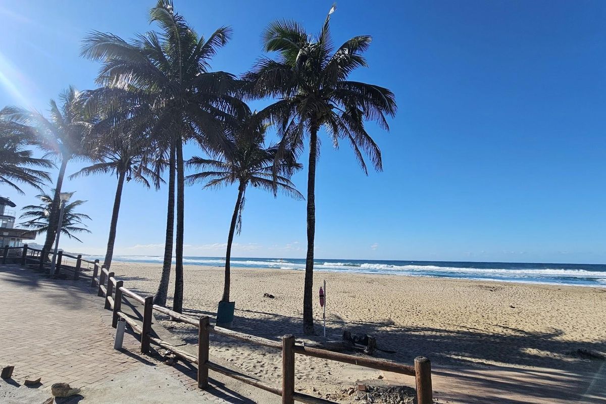A scenic view of the beach and coastline, featuring a paved walkway, wooden fencing, and palm trees along the shore.