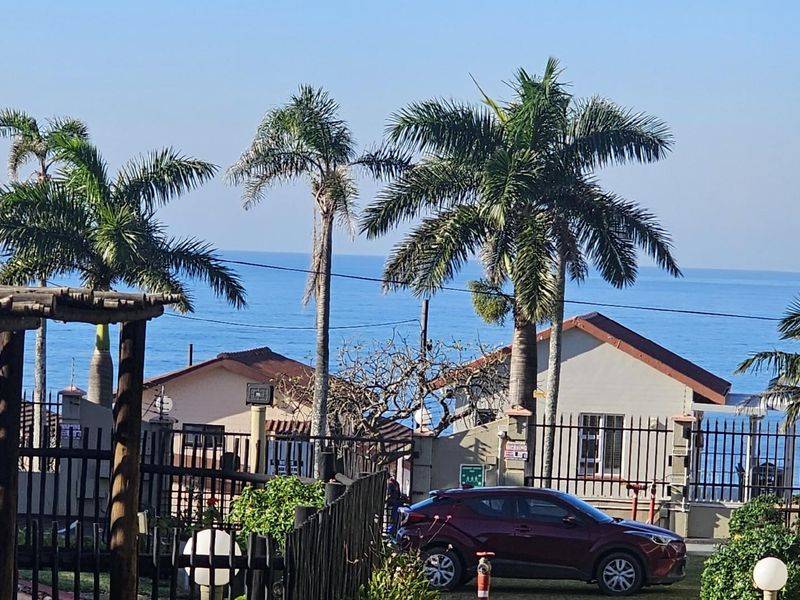 A view of the coastal neighborhood and ocean horizon, featuring palm trees and residential properties with perimeter fencing.
