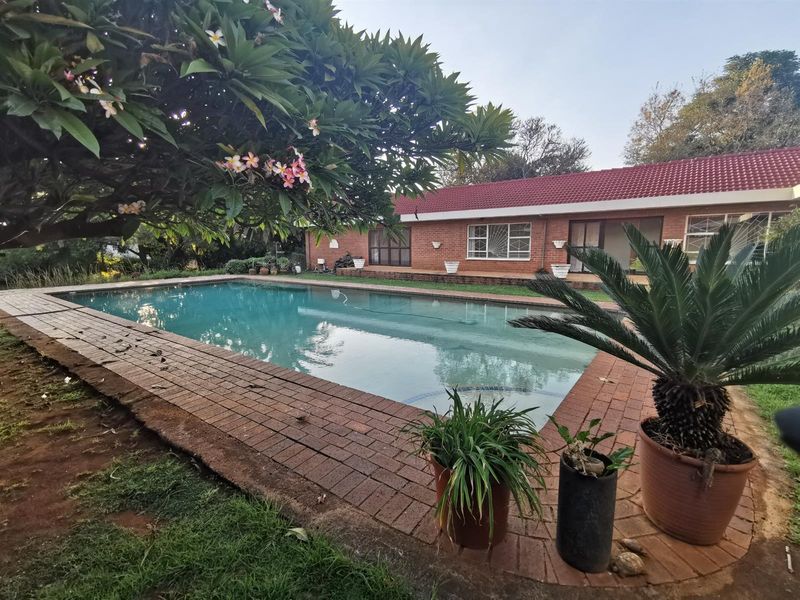 A spacious outdoor pool area featuring a large swimming pool with brick paving, set against a red-brick residential building with a tiled roof.