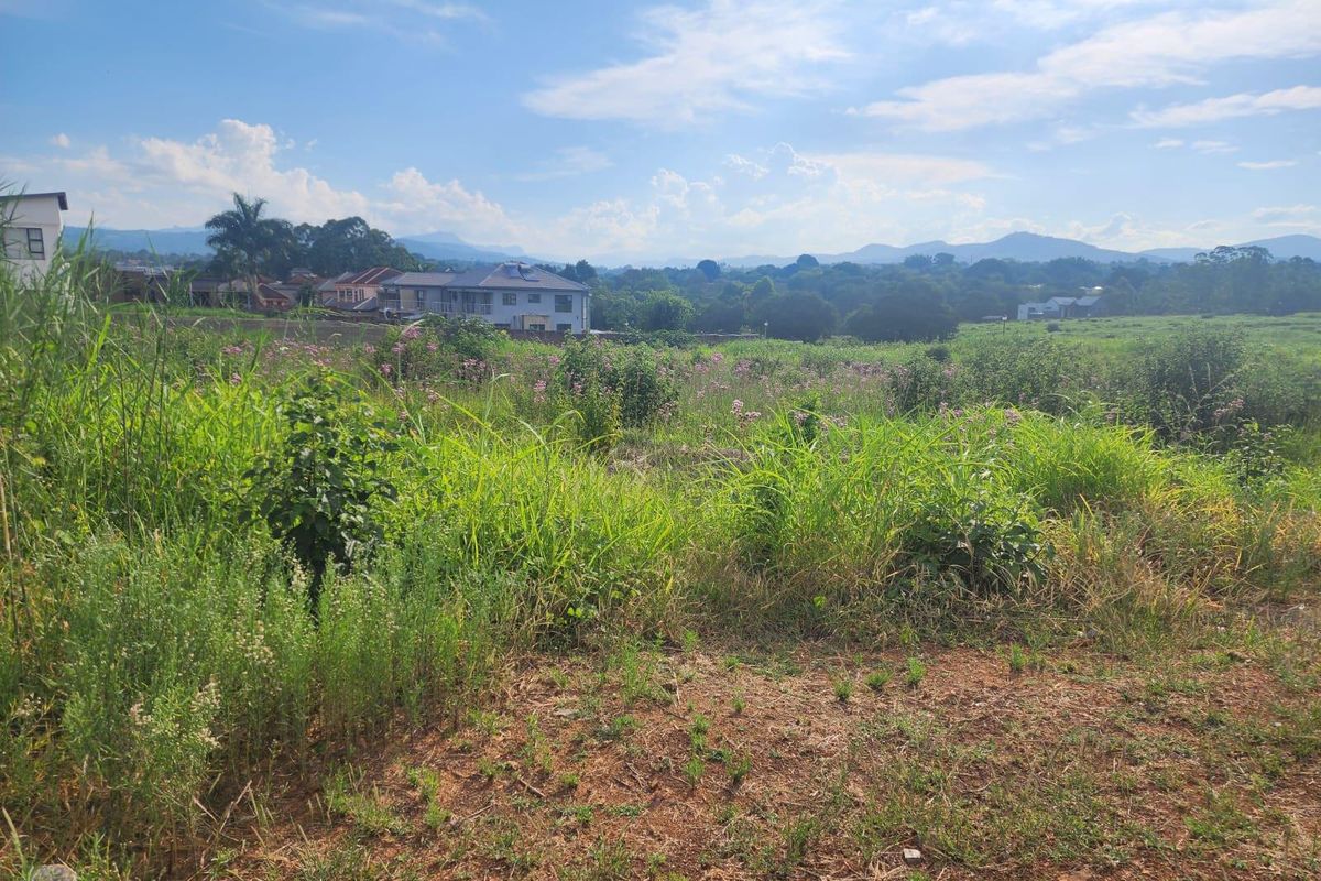 A view of a vacant residential plot featuring natural vegetation, with surrounding neighborhood homes and distant mountain views in the background.