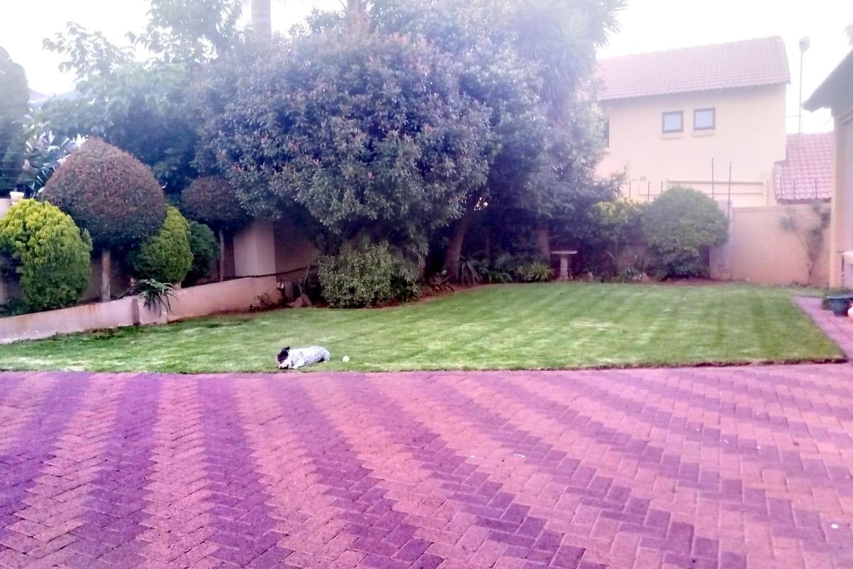 A well-maintained rear garden featuring a manicured lawn, established trees, and a paved driveway area.
