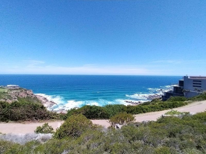 A scenic elevated view overlooking the coastline, featuring natural vegetation, a paved pathway, and expansive ocean vistas.
