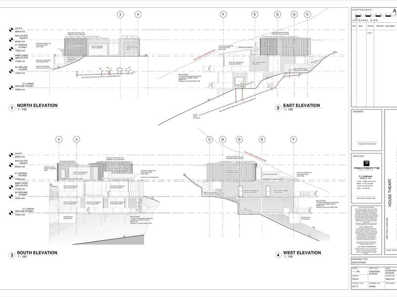 Architectural elevation drawings for a proposed multi-storey residential property, detailing structural levels, height restrictions, and exterior material specifications.