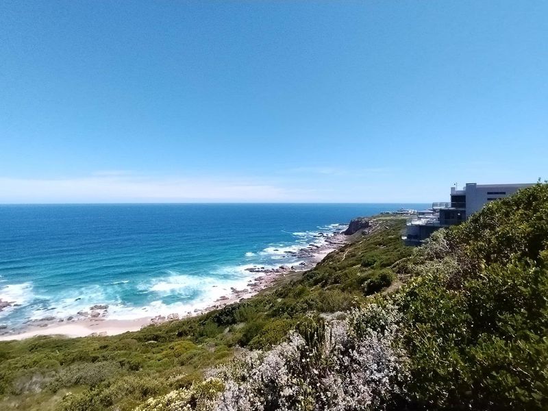 A scenic coastal view overlooking the ocean, rocky shoreline, and natural vegetation, showcasing the prime location of the vacant land.