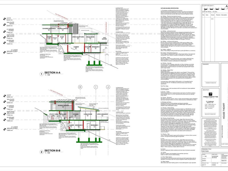 Architectural section drawings detailing the structural layout, foundation specifications, and building materials for the proposed residential property.