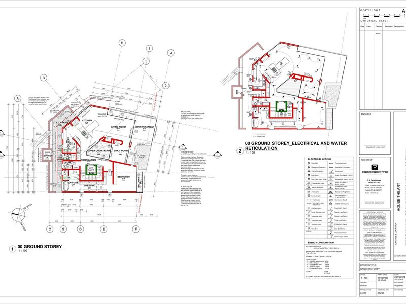 Architectural floor plan for the ground storey of a residential property, detailing layout, electrical, and water reticulation specifications.