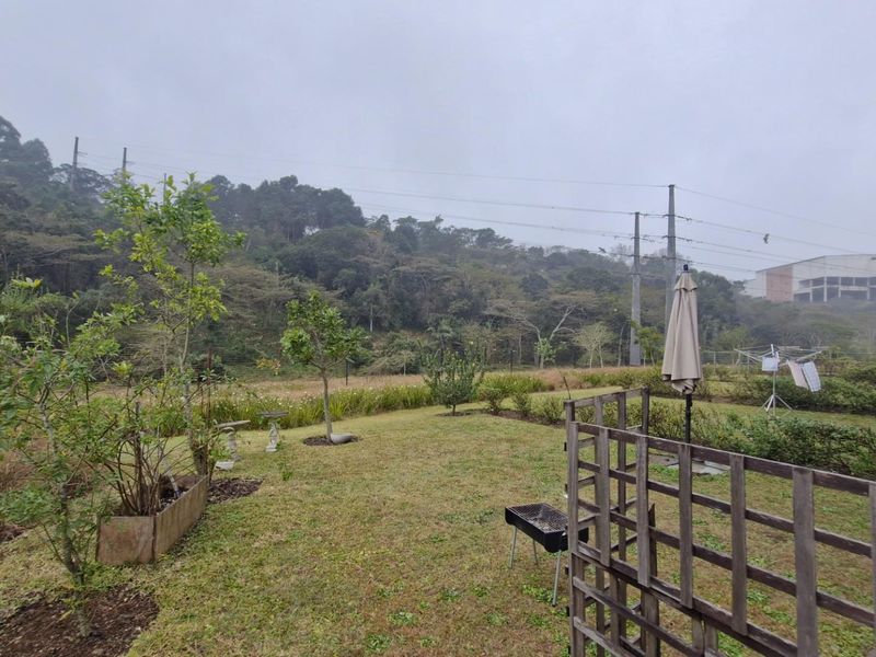 A rear garden area featuring a timber trellis and established landscaping, offering an open outlook towards the surrounding hillside.