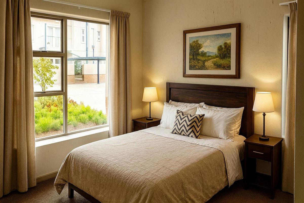 A cozy bedroom featuring a large window with natural light, neutral wall tones, and carpeted flooring.
