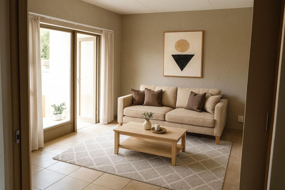 A well-maintained living room featuring neutral wall tones, tiled flooring, and large glass sliding doors providing direct access to an outdoor patio area.