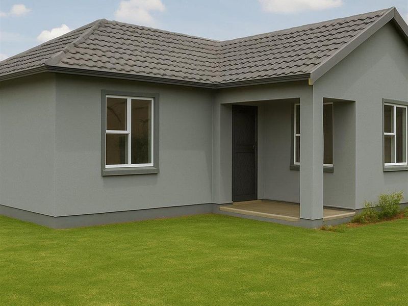 A modern single-story house exterior featuring a tiled roof, grey rendered facade, and a covered entrance porch set against a well-maintained lawn.