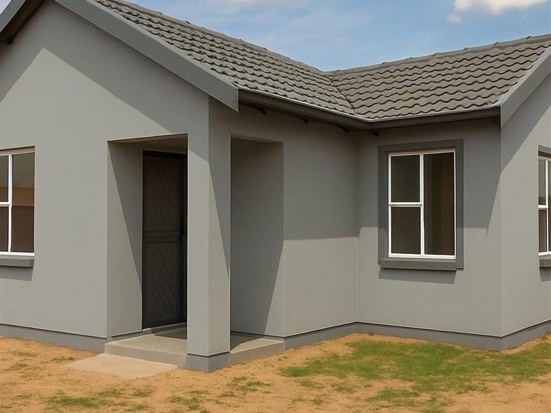 A modern single-story house exterior featuring a grey rendered facade, tiled roof, and a covered entrance porch.