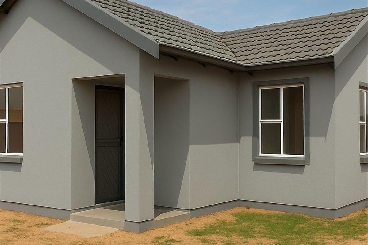 A modern single-story house exterior featuring a grey rendered facade, tiled roof, and a covered entrance porch.