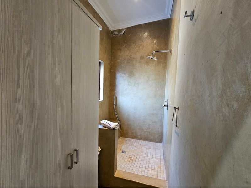 A compact bathroom featuring a walk-in shower with mosaic tile flooring, polished concrete-style wall finishes, and built-in cabinetry.