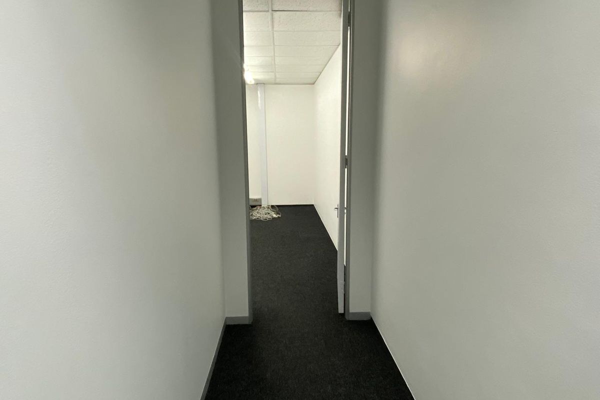 A narrow office hallway leading into an empty workspace featuring dark carpeting and a suspended acoustic tile ceiling.
