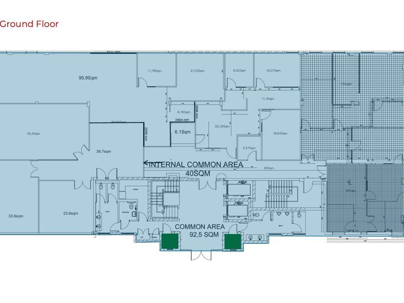 A detailed ground floor architectural plan for the office property, outlining the layout of common areas, individual office spaces, and circulation paths.
