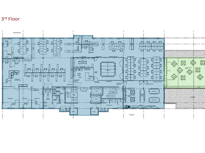 Architectural floor plan detailing the layout of the third floor office space, including workstations, meeting rooms, and core facilities.