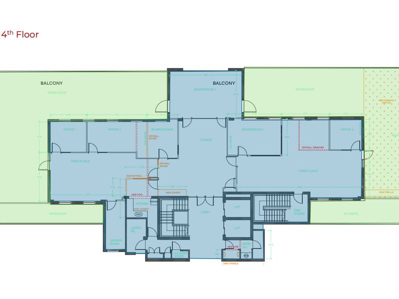 A detailed architectural floor plan of the 4th floor office layout, featuring multiple boardrooms, open-plan workspaces, private offices, and balcony access.