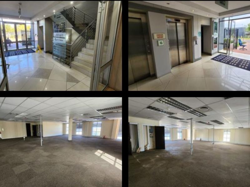 A collage showing the office building entrance lobby with elevators and staircase, alongside an open-plan office space with carpeted flooring and suspended ceilings.