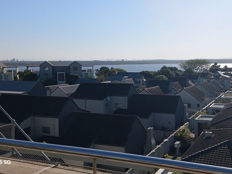 Elevated view overlooking a residential estate with a scenic water backdrop and clear horizon.