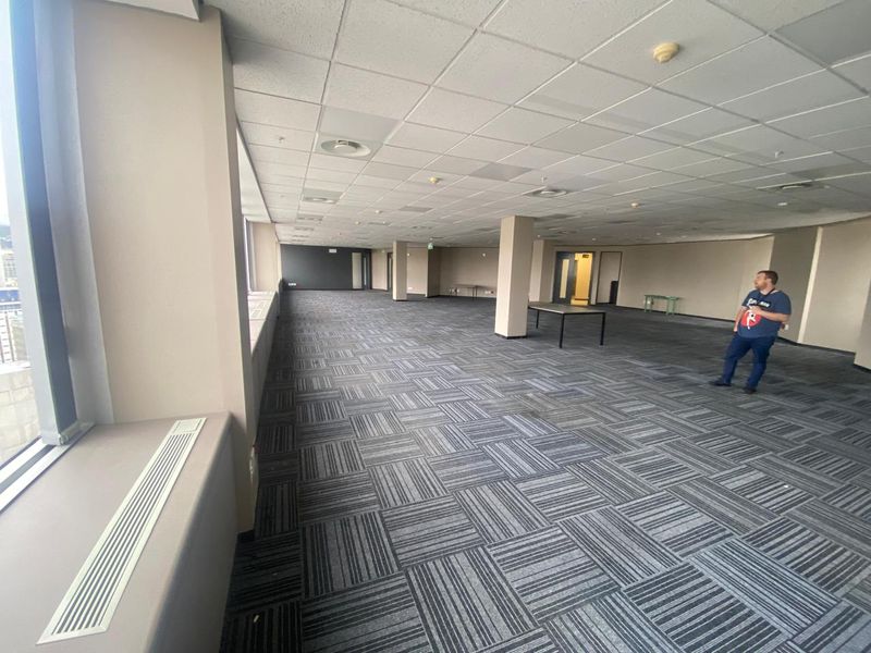 A spacious, open-plan office area featuring suspended ceilings, carpet tile flooring, and large windows providing ample natural light.