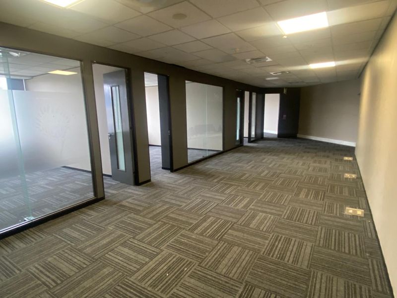 A spacious, vacant office area featuring modern glass partitions, carpet tile flooring, and a suspended ceiling with recessed lighting.