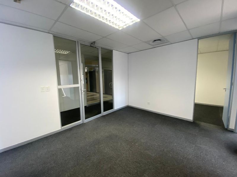 A clean, empty office space featuring a suspended ceiling, glass partition wall, and carpeted flooring, suitable for a professional workspace.