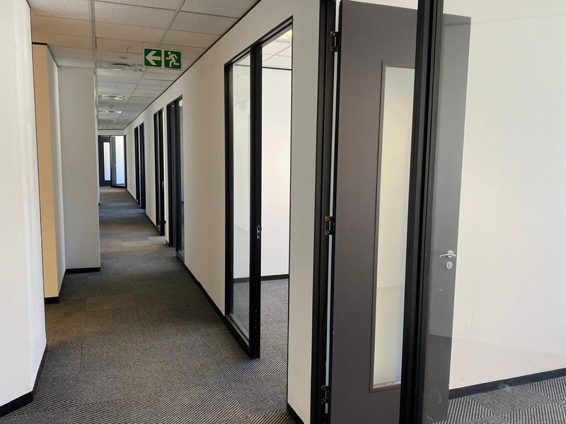A clean, professional office hallway featuring carpeted flooring, suspended ceilings, and multiple glass-panelled office doors leading into individual workspaces.